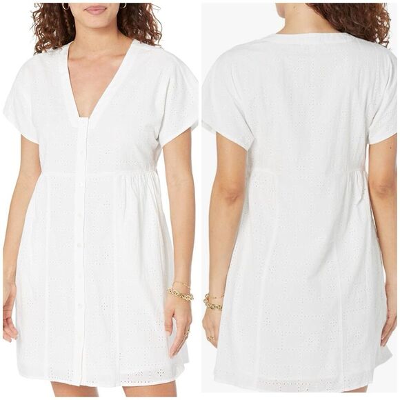 Madewell Erin Mini Dress Eyelet White Size XXS Cotton Short Sleeve V Neck - Picture 1 of 11